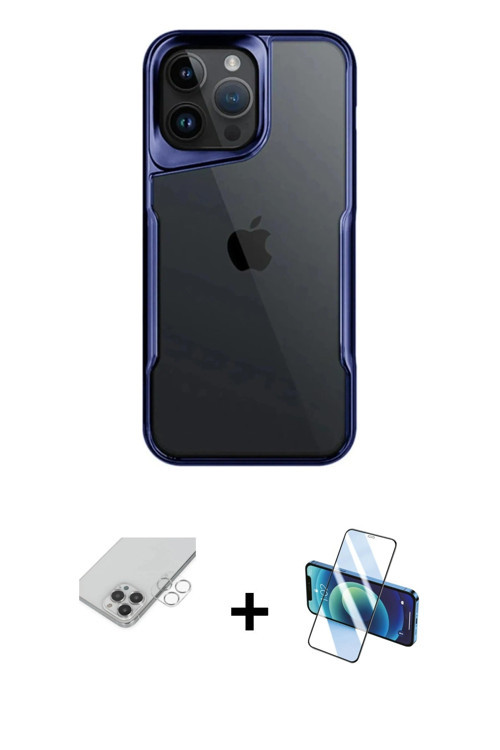 ieg™ iPhone 14 Pro Max Kılıf Akış Çizgi Koleksiyonu - Siyah 3D Antistatik Cam Ekran Koruyucu + Gümüş
