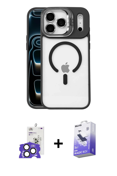 iPhone 17 Pro Max Kılıf Yadigar Asil Koleksiyonu - Siyah Bilvis 5in1 5D Magic Hayalet Cam Ekran