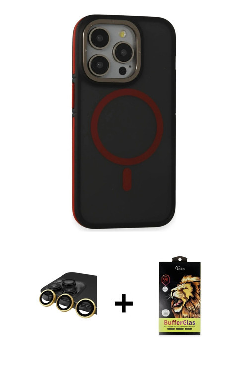 ieg™ iPhone 14 Pro Max Kılıf Ahenk Form Serisi - Siyah Buffer Cam Ekran Koruyucu + Gold Raze Metal K