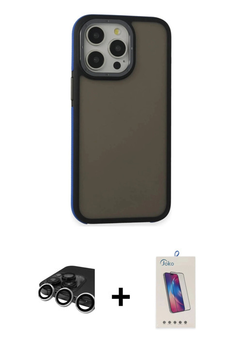 ieg™ iPhone 15 Pro Kılıf Eksen Işık - Siyah Joko 5D Cam + Gümüş Raze Metal Kamera Lens