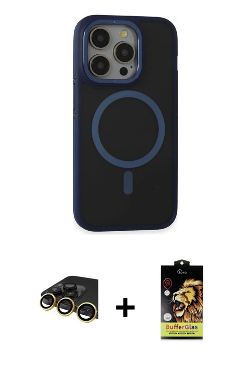 ieg™ iPhone 14 Pro Max Kılıf Ahenk Form Serisi - Siyah Buffer Cam Ekran Koruyucu + Gold Raze Metal K
