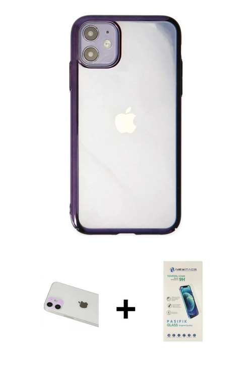 ieg™ iPhone 12 Kılıf Doruk Doku Prime - Şeffaf Pasifik Cam Ekran Koruyucu + Mor Rainbow Kamera Lens