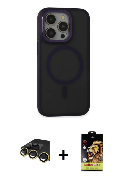 ieg™ iPhone 14 Pro Max Kılıf Ahenk Form Serisi - Siyah Buffer Cam Ekran Koruyucu + Gold Raze Metal K