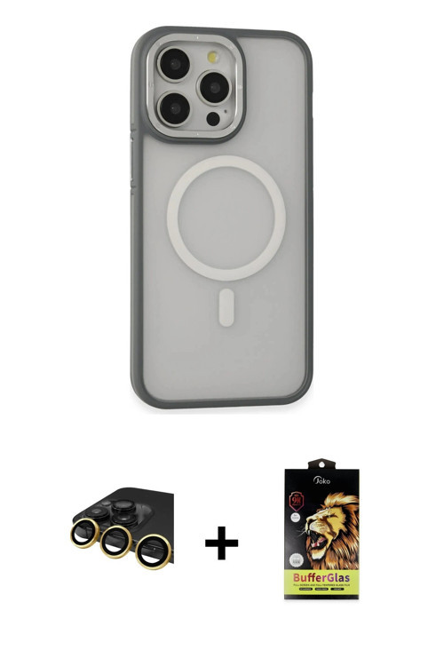 ieg™ iPhone 14 Pro Max Kılıf Ahenk Form Serisi - Siyah Buffer Cam Ekran Koruyucu + Gold Raze Metal K