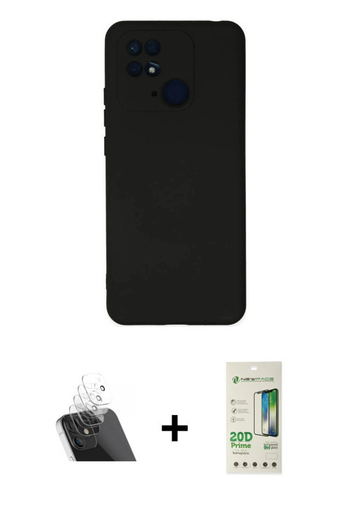 ieg™ Redmi 10C Kılıf Ahenk Serisi - Siyah 20D Premium Cam Ekran Koruyucu + Şeffaf Kamera Lens Koruma