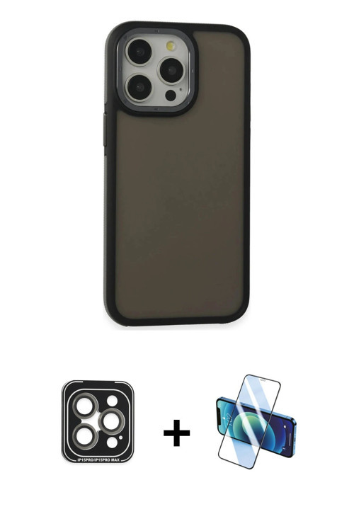 ieg™ iPhone 15 Pro Max Kılıf Eksen Işık - Siyah 3D Antistatik Seramik Nano Ekran Koruyucu + Gri PVD