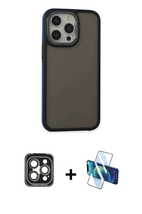 ieg™ iPhone 15 Pro Max Kılıf Eksen Işık - Siyah 3D Antistatik Seramik Nano Ekran Koruyucu + Gri PVD