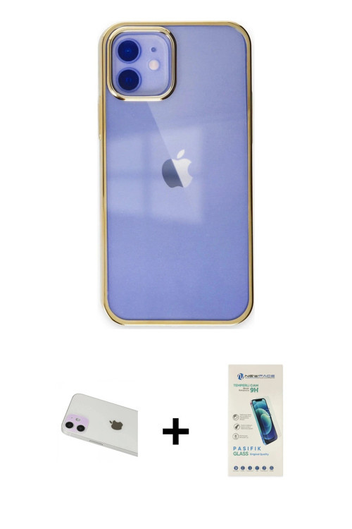 ieg™ iPhone 12 Kılıf Doruk Doku Prime - Şeffaf Pasifik Cam Ekran Koruyucu + Mor Rainbow Kamera Lens