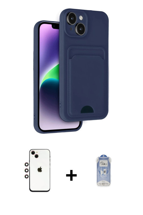 ieg™ iPhone 14 Kılıf Vadi Çizgi Prime - Siyah Joko Magic 5D Cam + Gökkuşağı Shine Kamera Lens