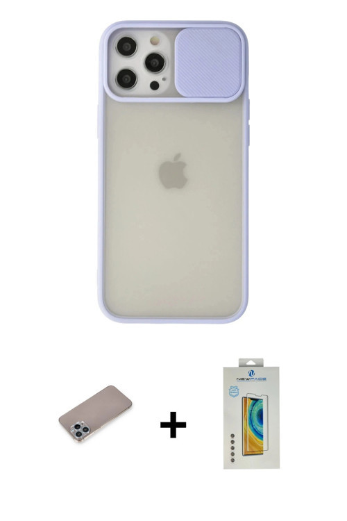 ieg™ iPhone 12 Pro Max Kılıf Vadi Çizgi - Siyah Polymer Nano Ekran Koruyucu + Sierra Blue Shine Kame