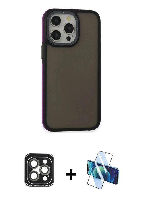 ieg™ iPhone 15 Pro Max Kılıf Eksen Işık - Siyah 3D Antistatik Seramik Nano Ekran Koruyucu + Gri PVD