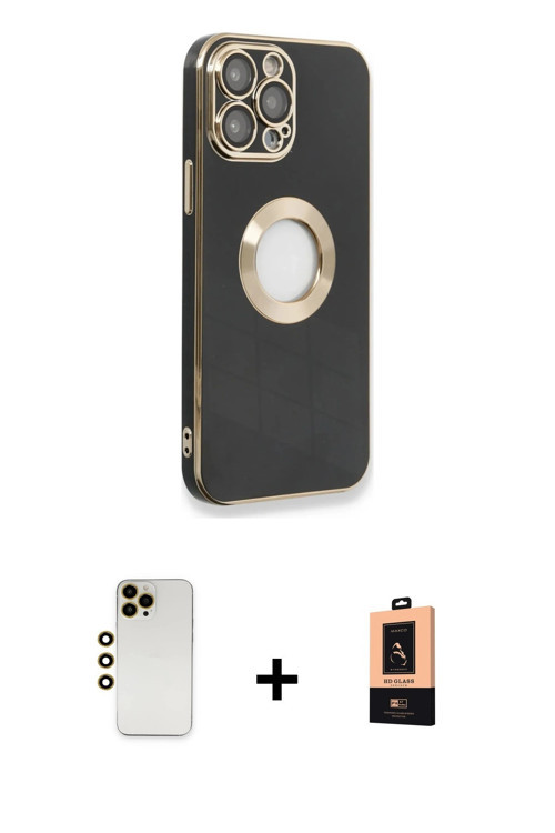 ieg™ iPhone 13 Pro Max Kılıf İz Form Serisi - Şeffaf Maxco Cam Ekran Koruyucu + Gold Shine Kamera Le