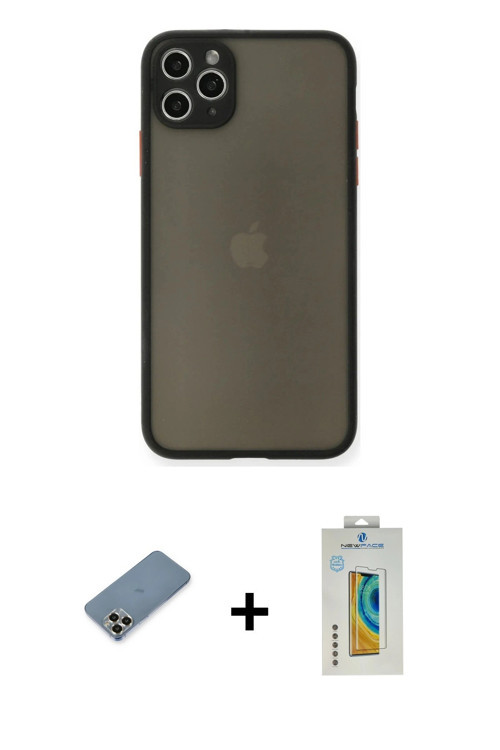 ieg™ iPhone 11 Pro Max Kılıf Ahenk Çizgi Serisi - Siyah Polymer Nano Ekran Koruyucu + Gold Metal Kam