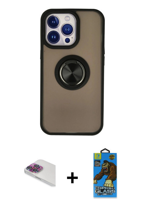 ieg™ iPhone 13 Pro Max Kılıf Yörünge Çizgi - Siyah 18D Cam Ekran Koruyucu + Gökkuşağı Pers Alüminyum