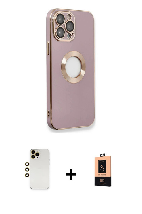 ieg™ iPhone 13 Pro Max Kılıf İz Form Serisi - Şeffaf Maxco Cam Ekran Koruyucu + Gold Shine Kamera Le