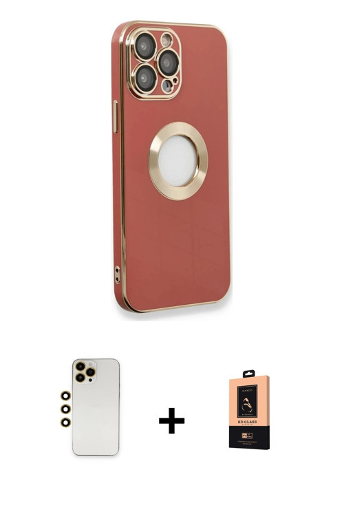 ieg™ iPhone 13 Pro Max Kılıf İz Form Serisi - Şeffaf Maxco Cam Ekran Koruyucu + Gold Shine Kamera Le