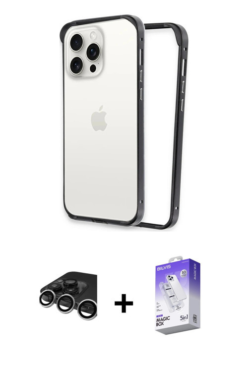 iPhone 15 Pro Max Kılıf Pusula Asil Koleksiyonu - Siyah Bilvis 5in1 3D Magic Cam Ekran Koruyucu