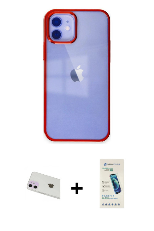 ieg™ iPhone 12 Kılıf Doruk Doku Prime - Şeffaf Pasifik Cam Ekran Koruyucu + Mor Rainbow Kamera Lens