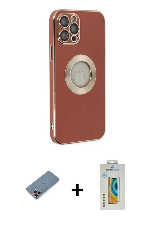 ieg™ iPhone 12 Pro Kılıf İz Form Serisi - Siyah Polymer Nano Ekran Koruyucu + Mor Metal Kamera Lens