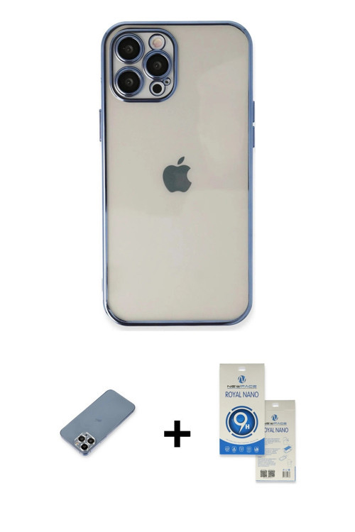 ieg™ iPhone 12 Pro Max Kılıf Vadi Minimal - Şeffaf Royal Nano Ekran Koruyucu + Gümüş Metal Kamera Le