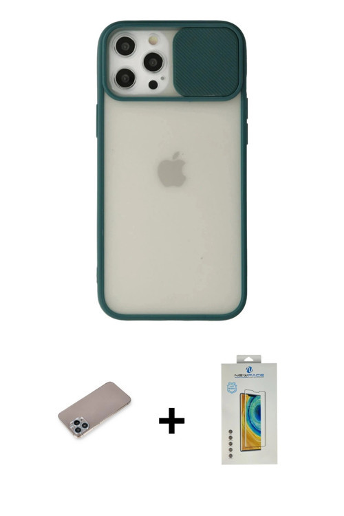 ieg™ iPhone 12 Pro Max Kılıf Vadi Çizgi - Siyah Polymer Nano Ekran Koruyucu + Sierra Blue Shine Kame