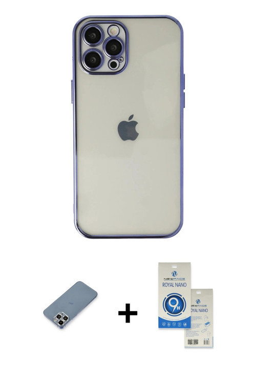 ieg™ iPhone 12 Pro Max Kılıf Vadi Minimal - Şeffaf Royal Nano Ekran Koruyucu + Gümüş Metal Kamera Le