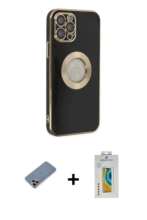 ieg™ iPhone 12 Pro Kılıf İz Form Serisi - Siyah Polymer Nano Ekran Koruyucu + Mor Metal Kamera Lens
