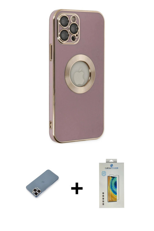ieg™ iPhone 12 Pro Kılıf İz Form Serisi - Siyah Polymer Nano Ekran Koruyucu + Mor Metal Kamera Lens