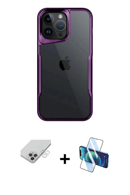 ieg™ iPhone 14 Pro Max Kılıf Akış Çizgi Koleksiyonu - Siyah 3D Antistatik Cam Ekran Koruyucu + Gümüş