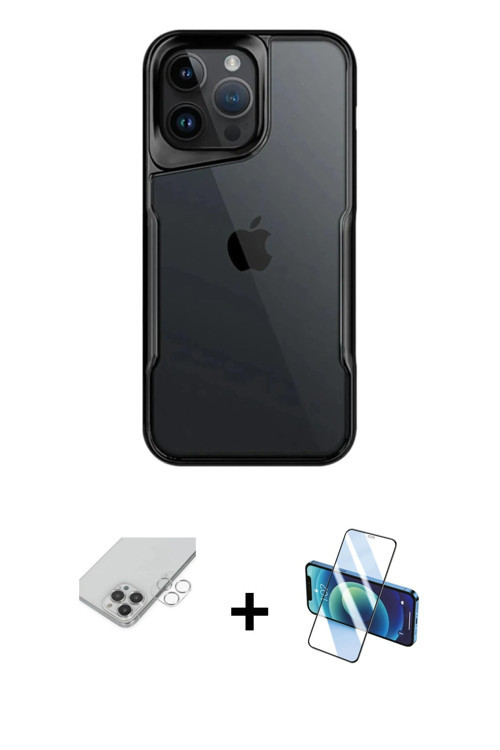ieg™ iPhone 14 Pro Max Kılıf Akış Çizgi Koleksiyonu - Siyah 3D Antistatik Cam Ekran Koruyucu + Gümüş
