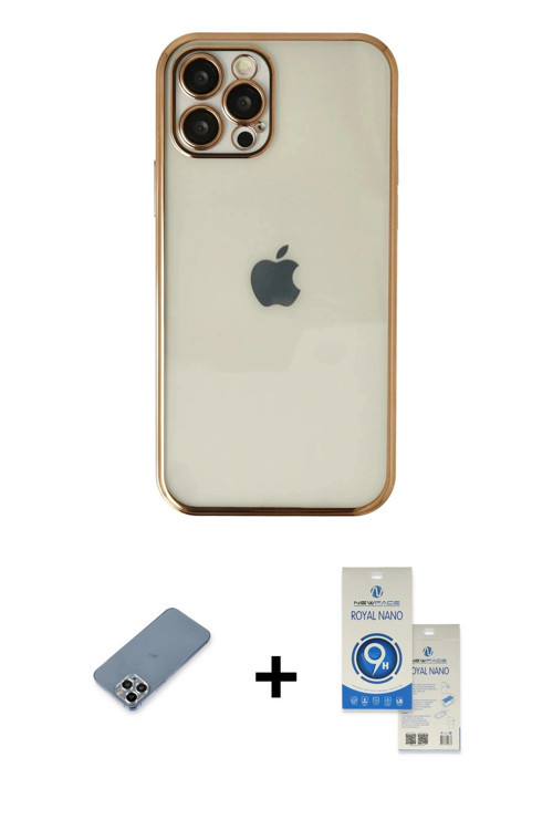 ieg™ iPhone 12 Pro Max Kılıf Vadi Minimal - Şeffaf Royal Nano Ekran Koruyucu + Gümüş Metal Kamera Le