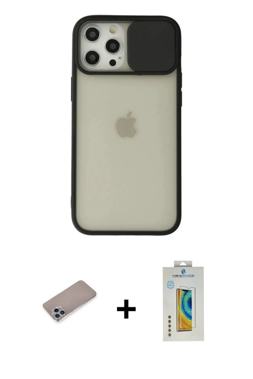 ieg™ iPhone 12 Pro Max Kılıf Vadi Çizgi - Siyah Polymer Nano Ekran Koruyucu + Sierra Blue Shine Kame