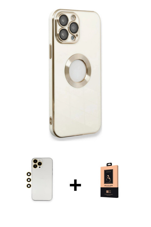 ieg™ iPhone 13 Pro Max Kılıf İz Form Serisi - Şeffaf Maxco Cam Ekran Koruyucu + Gold Shine Kamera Le