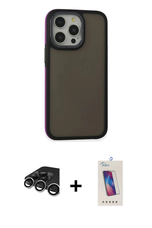 ieg™ iPhone 15 Pro Kılıf Eksen Işık - Siyah Joko 5D Cam + Gümüş Raze Metal Kamera Lens
