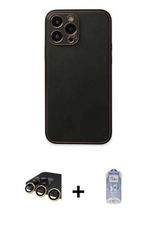 ieg™ iPhone 14 Pro Kılıf Yadigar Klasik - Siyah Joko Magic 5D Cam + Gold Raze Metal Kamera Lens