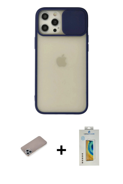 ieg™ iPhone 12 Pro Max Kılıf Vadi Çizgi - Siyah Polymer Nano Ekran Koruyucu + Sierra Blue Shine Kame