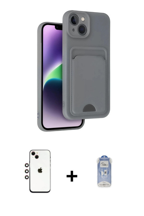 ieg™ iPhone 14 Kılıf Vadi Çizgi Prime - Siyah Joko Magic 5D Cam + Gökkuşağı Shine Kamera Lens