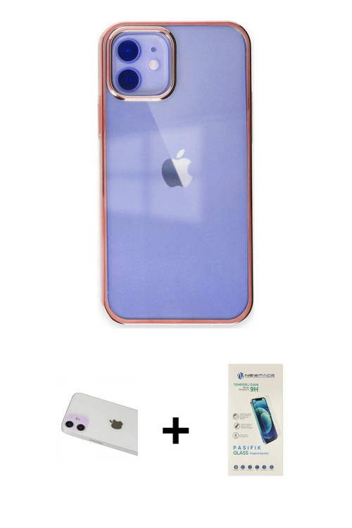 ieg™ iPhone 12 Kılıf Doruk Doku Prime - Şeffaf Pasifik Cam Ekran Koruyucu + Mor Rainbow Kamera Lens