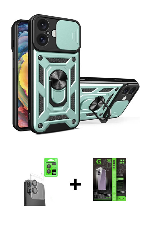 ieg™ iPhone 16 Kılıf Ahenk Klasik - Şeffaf 360 Full Body Arka Koruyucu + Siyah Raze Metal Kamera Len