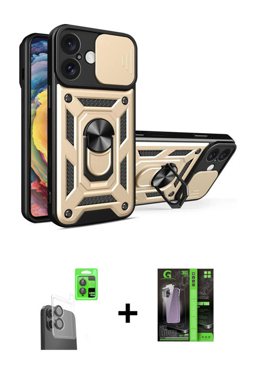 ieg™ iPhone 16 Kılıf Ahenk Klasik - Şeffaf 360 Full Body Arka Koruyucu + Siyah Raze Metal Kamera Len