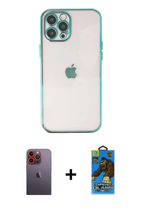 ieg™ iPhone 12 Pro Max Kılıf Vadi Minimal - Siyah 18D Cam Ekran Koruyucu + Turuncu Neon Fosforlu Kam