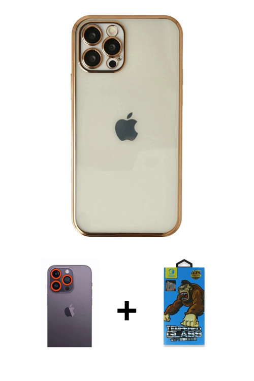 ieg™ iPhone 12 Pro Max Kılıf Vadi Minimal - Siyah 18D Cam Ekran Koruyucu + Turuncu Neon Fosforlu Kam