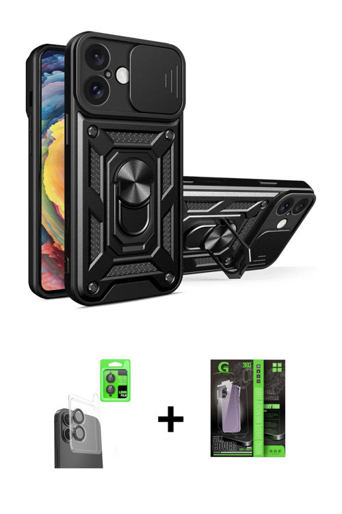 ieg™ iPhone 16 Kılıf Ahenk Klasik - Şeffaf 360 Full Body Arka Koruyucu + Siyah Raze Metal Kamera Len