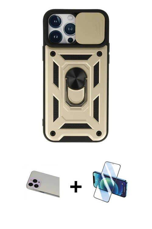 ieg™ iPhone 13 Pro Max Kılıf Ahenk Klasik - Siyah 3D Antistatik Cam Ekran Koruyucu + Mor Rainbow Kam