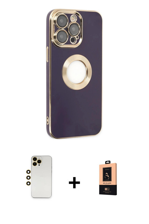 ieg™ iPhone 13 Pro Max Kılıf İz Form Serisi - Şeffaf Maxco Cam Ekran Koruyucu + Gold Shine Kamera Le