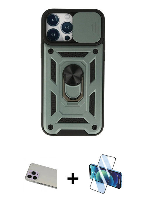 ieg™ iPhone 13 Pro Max Kılıf Ahenk Klasik - Siyah 3D Antistatik Cam Ekran Koruyucu + Mor Rainbow Kam
