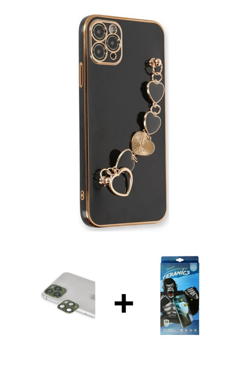 ieg™ iPhone 11 Pro Max Kılıf Nova Işık Prime - Siyah 34D Izgaralı Cam + Yeşil Pers Alüminyum Kamera