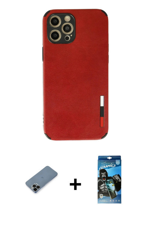 ieg™ iPhone 12 Pro Max Kılıf Doruk Asil Koleksiyonu - Siyah 34D Izgaralı Cam + Siyah Shine Kamera Le