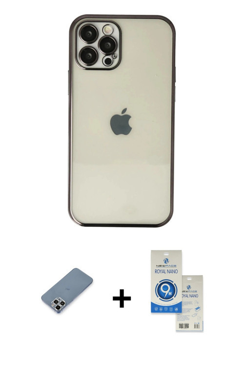 ieg™ iPhone 12 Pro Max Kılıf Vadi Minimal - Şeffaf Royal Nano Ekran Koruyucu + Gümüş Metal Kamera Le