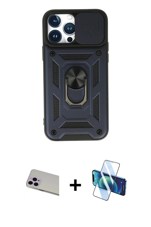 ieg™ iPhone 13 Pro Max Kılıf Ahenk Klasik - Siyah 3D Antistatik Cam Ekran Koruyucu + Mor Rainbow Kam